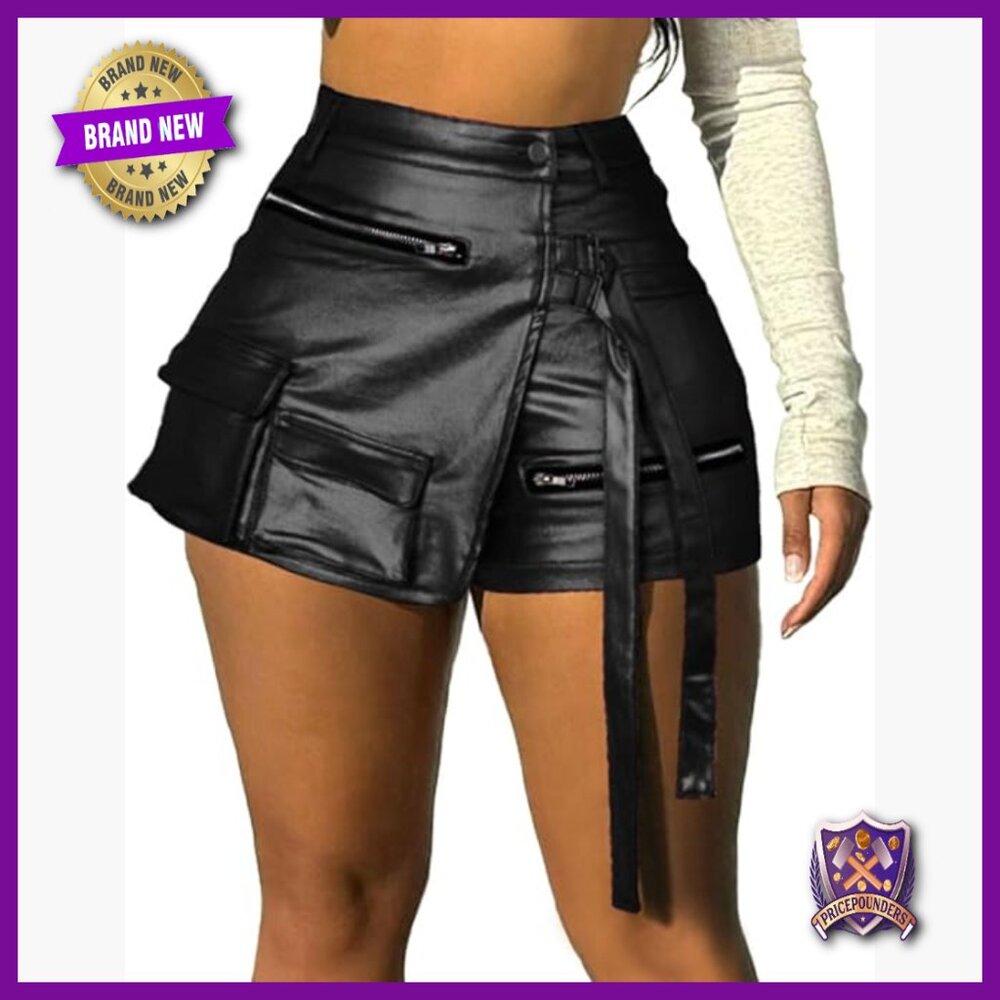 Metallic Faux Leather High Waisted Cargo Skort Asymmetrical Summer Shorts